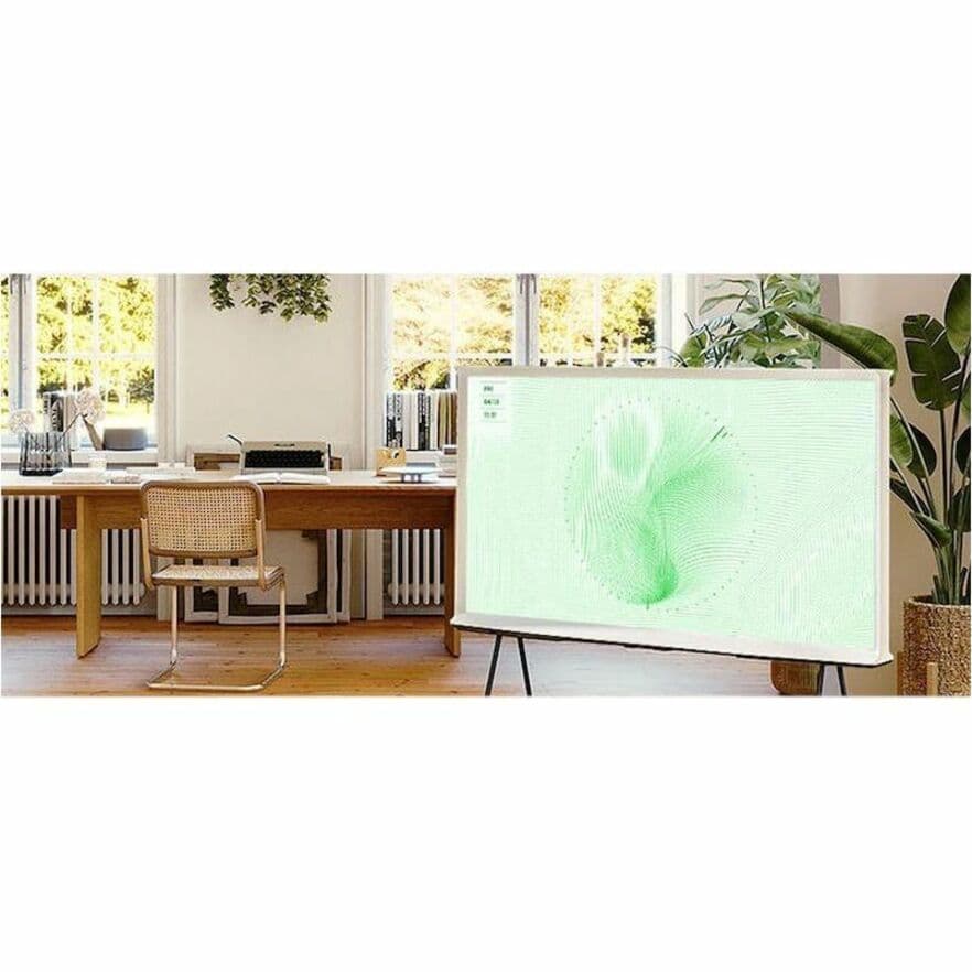 Samsung 55-inch QLED 4K smart TV with Ambient Mode+, detachable easel stand, and slim framed design