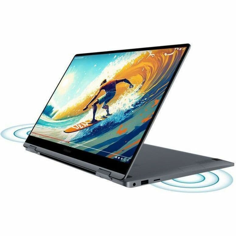 Samsung Galaxy Book4 360 15.6-inch 2-in-1 laptop in gray with Core i5, 16 GB RAM, and SSD