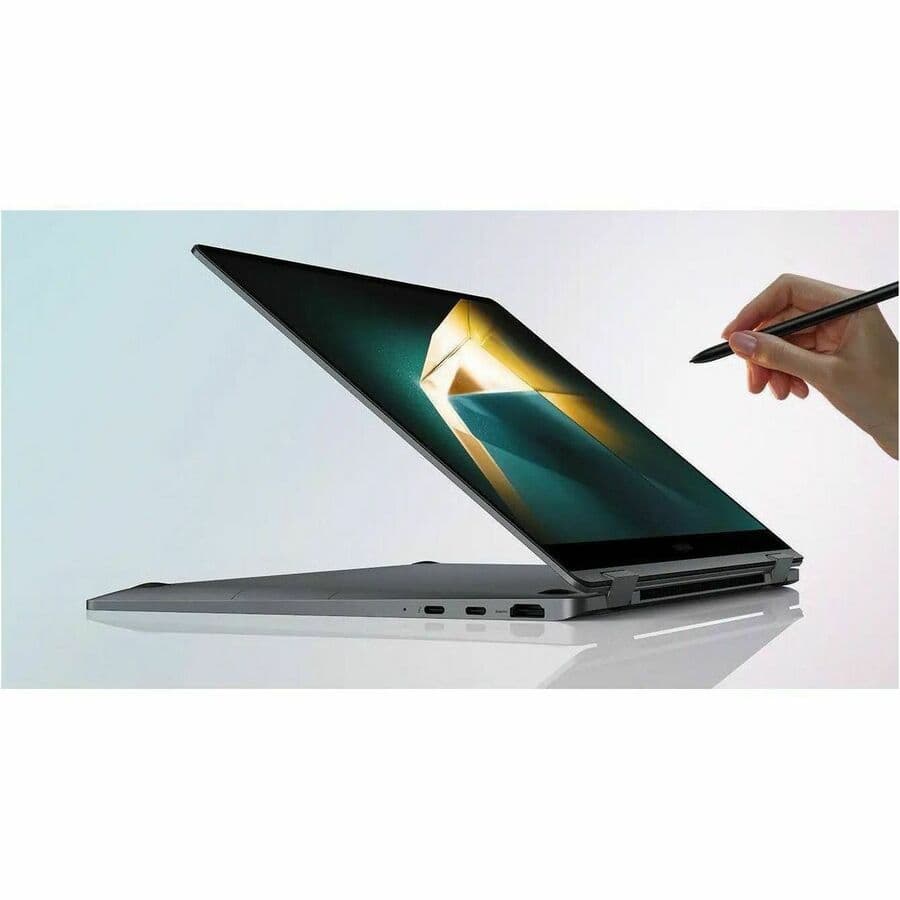 Samsung Galaxy Book4 360 15.6-inch 2-in-1 laptop in gray with Core i5, 16 GB RAM, and SSD