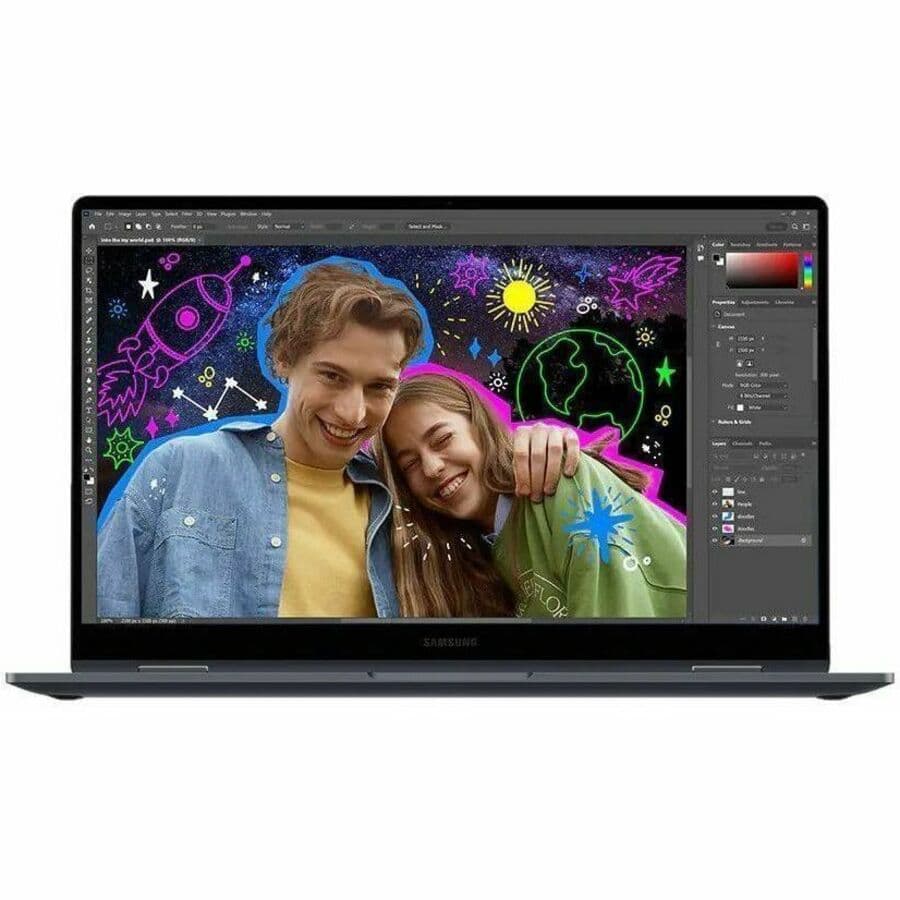 Samsung Galaxy Book4 360 15.6-inch 2-in-1 laptop in gray with Core i5, 16 GB RAM, and SSD