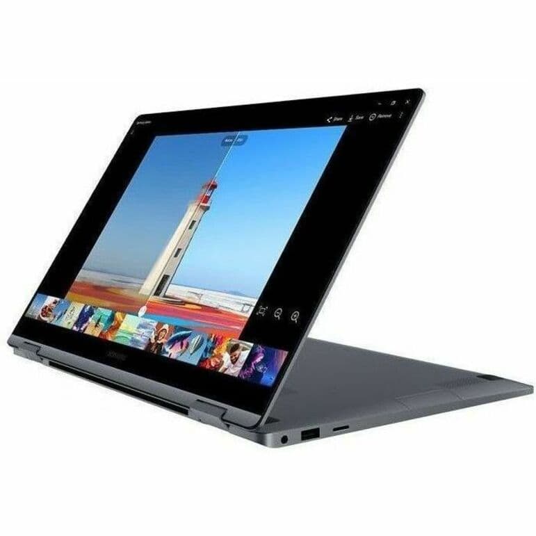 Samsung Galaxy Book4 360 15.6-inch 2-in-1 laptop in gray with Core i5, 16 GB RAM, and SSD