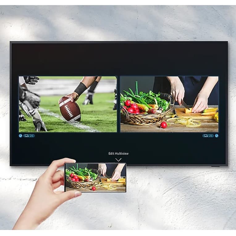 Samsung 65-inch Terrace QLED outdoor TV mounted on a patio wall