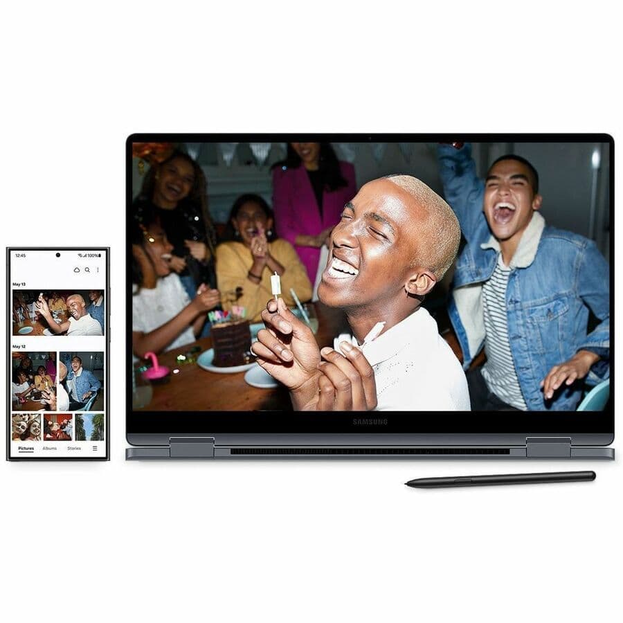 Samsung Galaxy Book4 360 15.6-inch 2-in-1 laptop in gray with Core i5, 16 GB RAM, and SSD