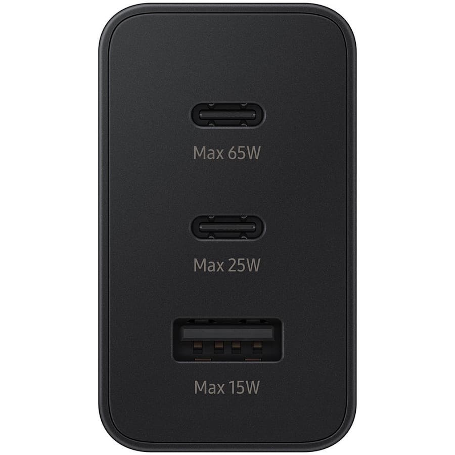 Samsung 65W Trio Adapter in black with USB-C charging support