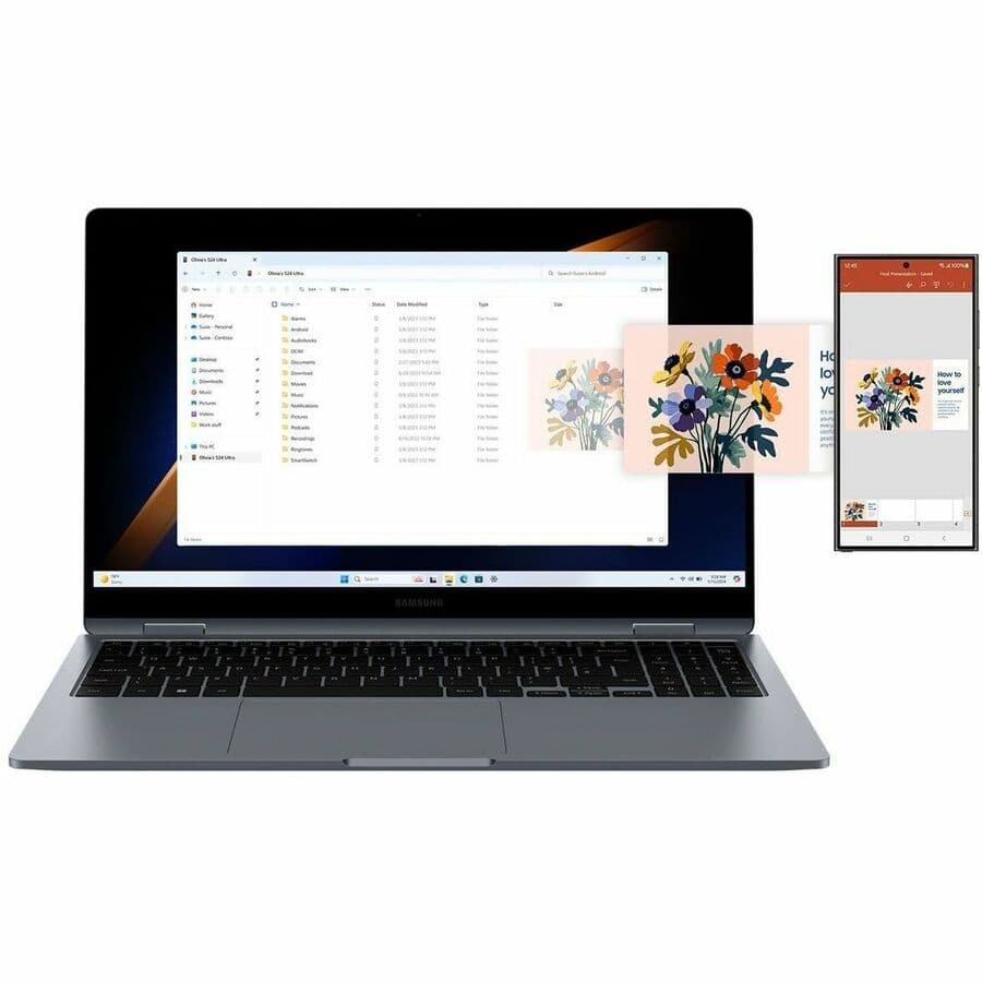 Samsung Galaxy Book4 360 15.6-inch 2-in-1 laptop in gray with Core i5, 16 GB RAM, and SSD