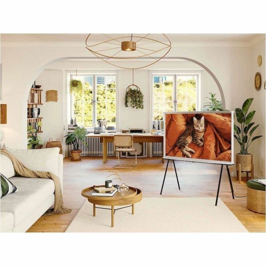 Samsung 55-inch QLED 4K smart TV with Ambient Mode+, detachable easel stand, and slim framed design