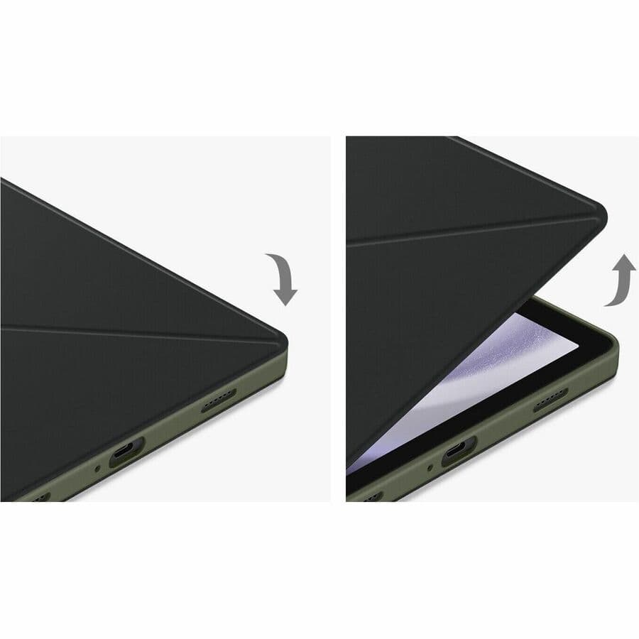 Samsung Tab A9+ Smart Book Cover in black shown in folded stand position