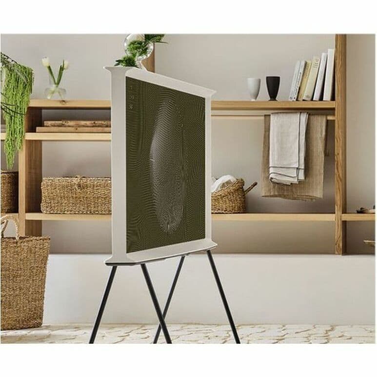 Samsung 55-inch QLED 4K smart TV with Ambient Mode+, detachable easel stand, and slim framed design
