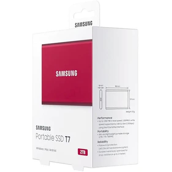 Samsung T7 Portable SSD 2TB red external drive with USB 3.2 connectivity