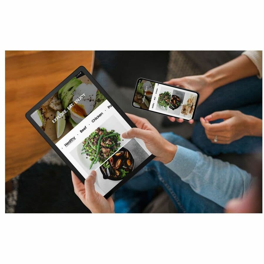 Samsung Galaxy Tab A9+ silver tablet with 11-inch display, 128 GB storage, and 8 GB RAM