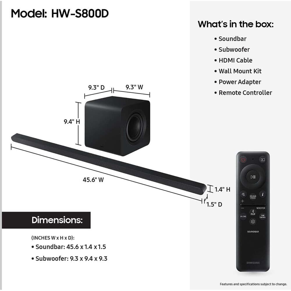 Samsung HW-S800D/ZA 3.1.2-channel 330W wireless soundbar in Titan Black