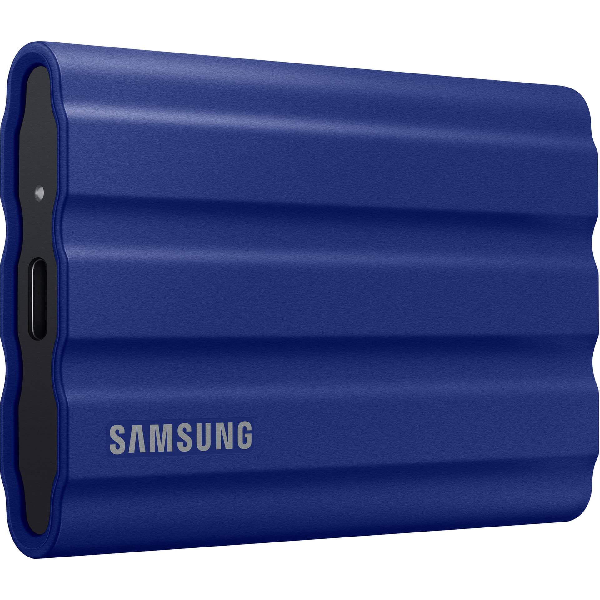 Samsung T7 Shield 1TB portable SSD in blue, compact external storage drive