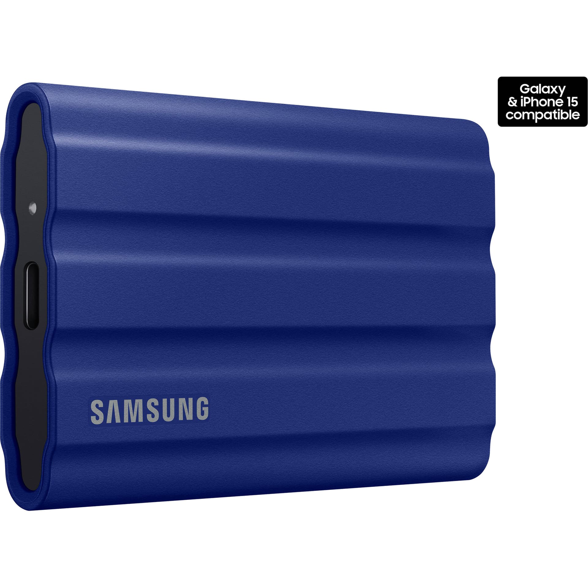 Samsung T7 Shield 1TB portable SSD in blue, compact external storage drive