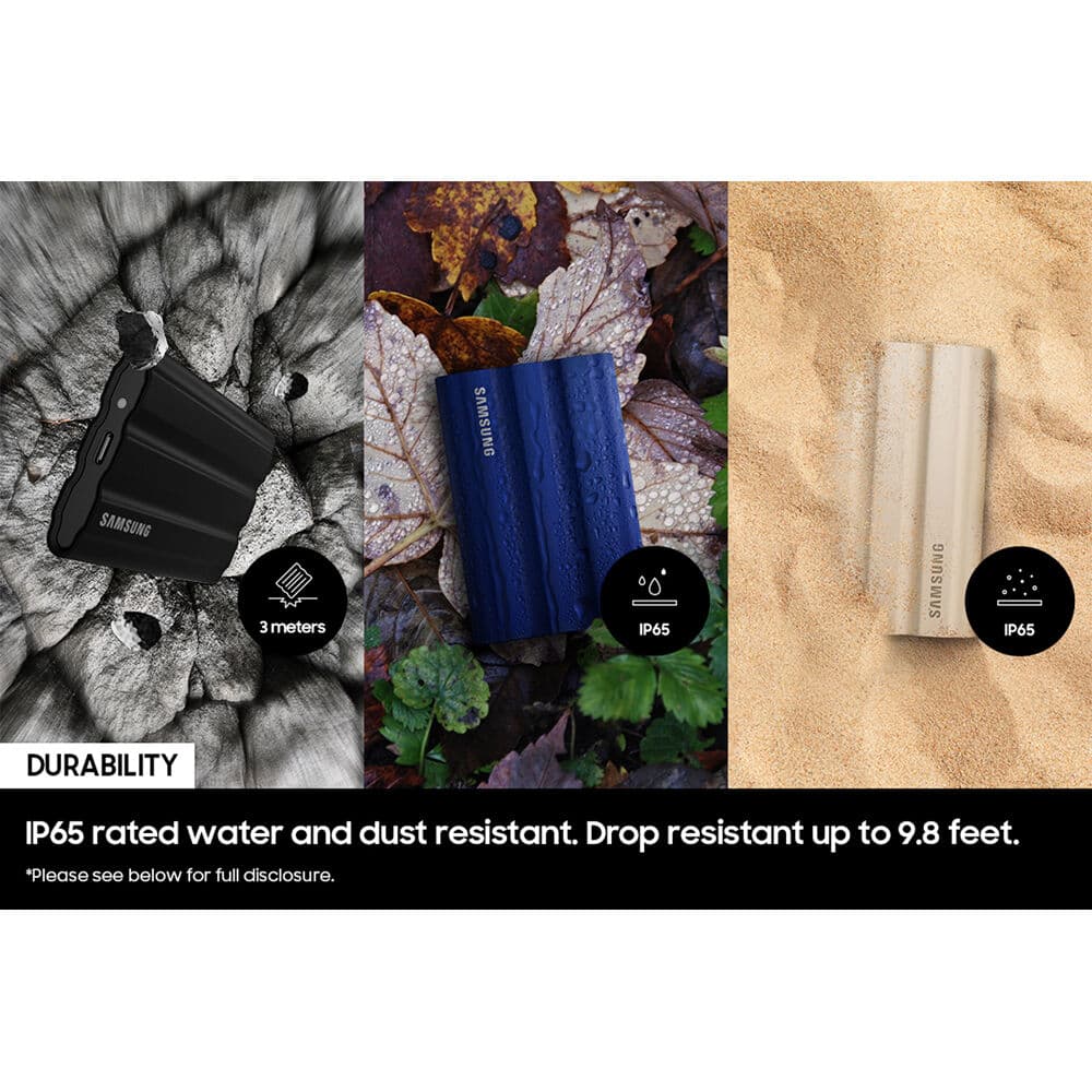 Samsung T7 Shield 1TB portable SSD in blue, compact external storage drive