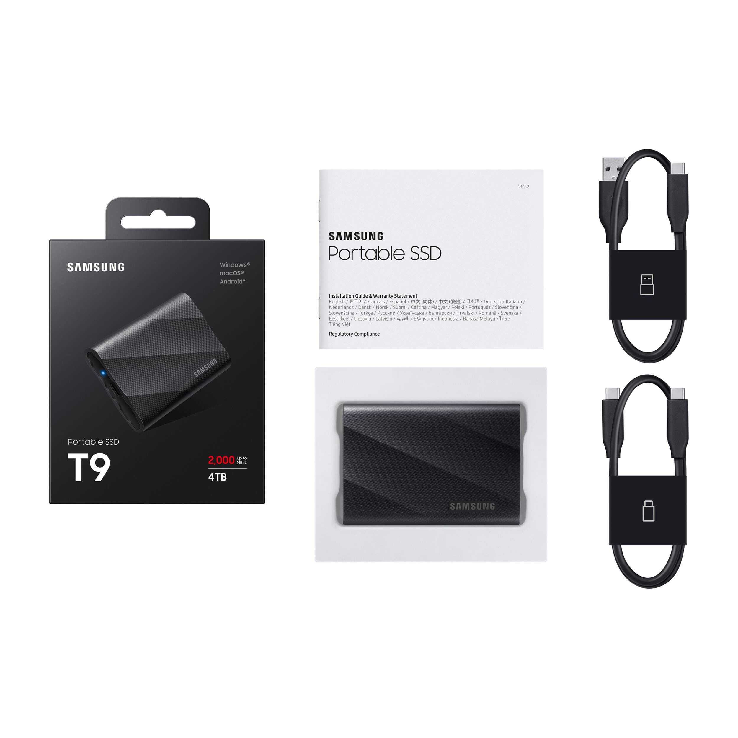 Samsung T9 4TB portable SSD in black with USB-C and USB 3.2 Gen 2x2 connectivity