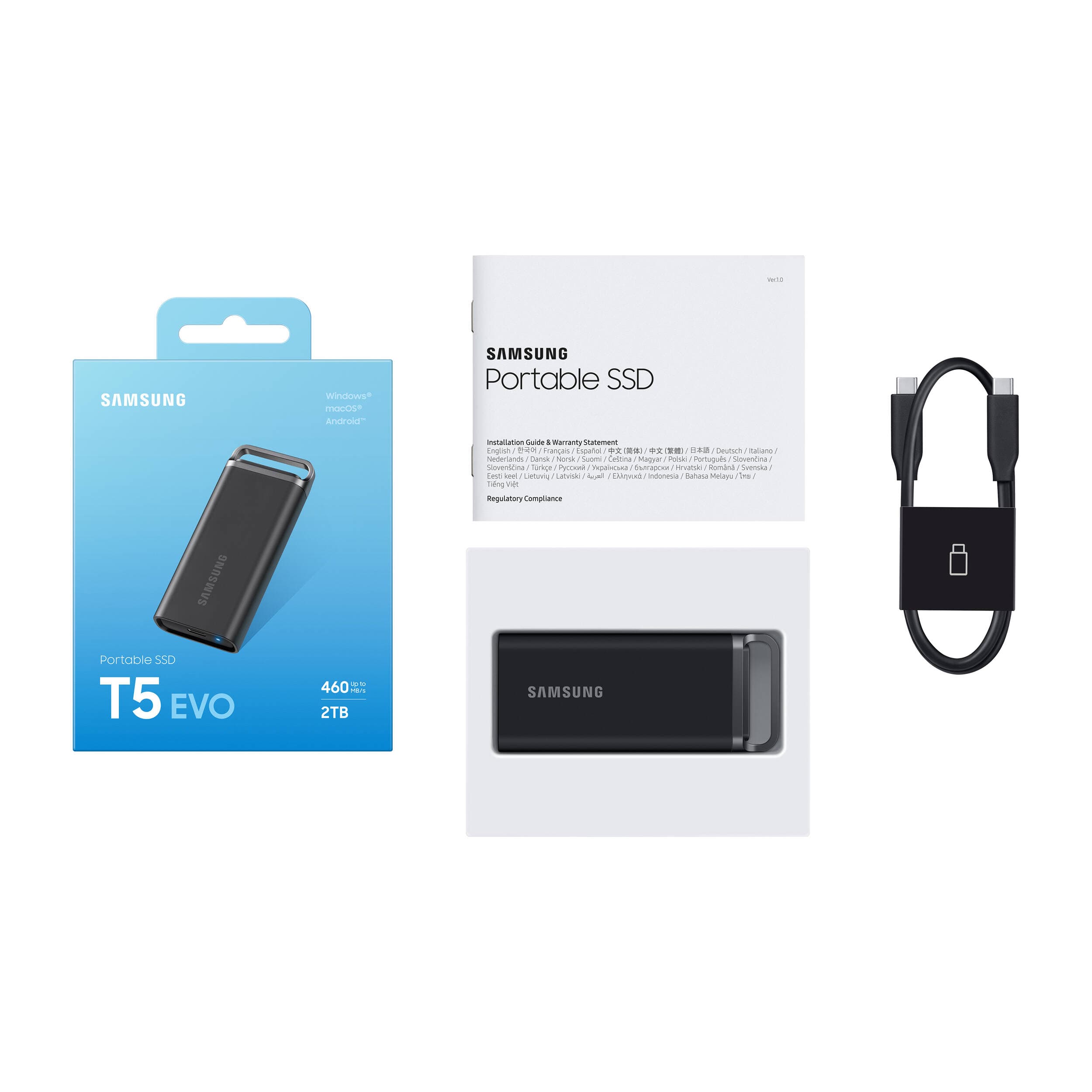 Samsung 2TB T5 EVO portable external SSD in black with USB 3.2 Gen 1 and 256-bit AES encryption