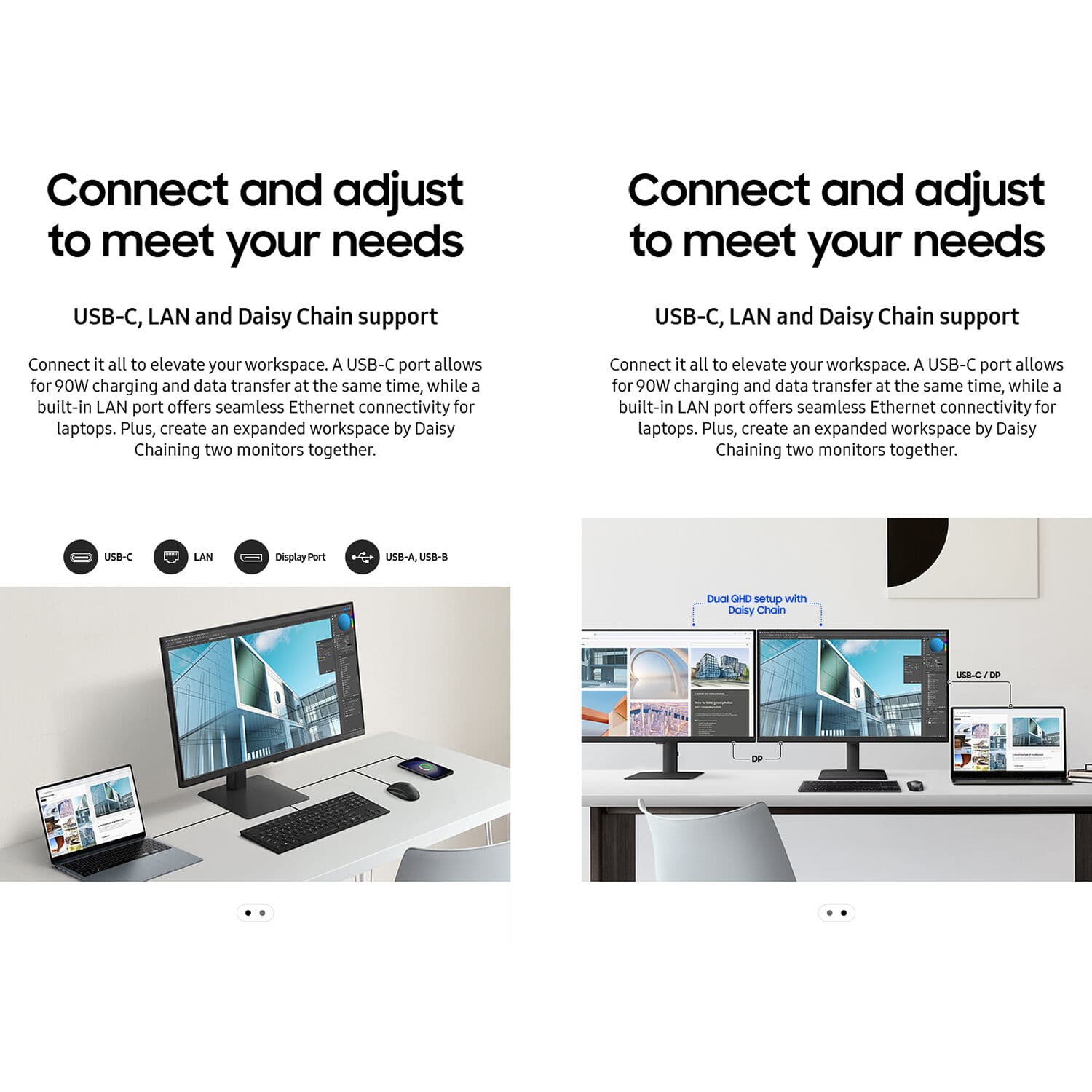 Samsung 27-inch QHD IPS monitor with USB-C, KVM, LAN, HDMI, DisplayPort, and adjustable stand