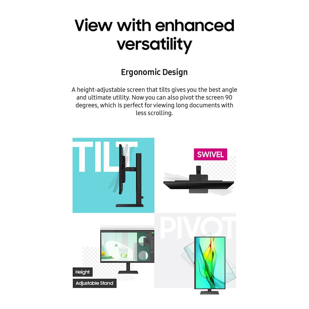 Samsung 27-inch QHD IPS monitor with USB-C, KVM, LAN, HDMI, DisplayPort, and adjustable stand